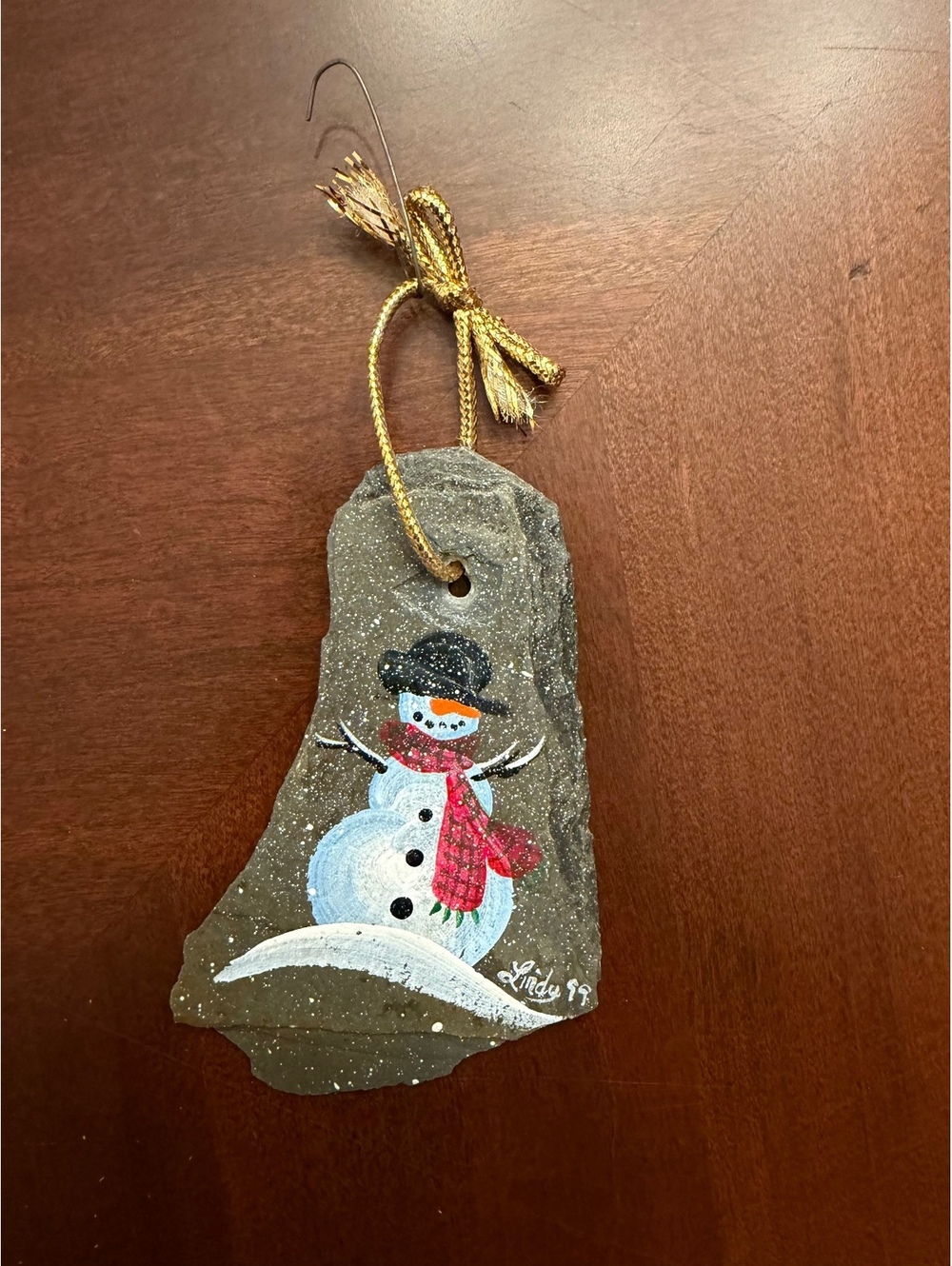 Hand-Painted Snowman Christmas Ornament on Stone